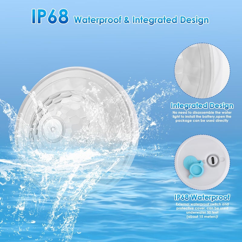 QOLNBY Floating Pool Lights, IP68 Waterproof Pool Lights, Rechargeable RGB Upper and Lower Color Changing Pool Lights with 6 Dynamic Lighting Effects, Floating Light for Pond Gardens,Party -2 Pack - Image 3